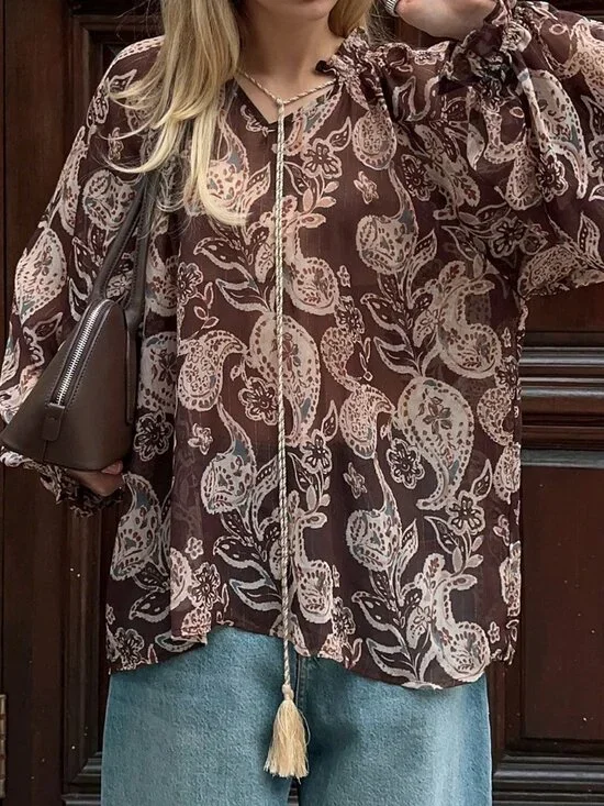 Coffee Brown Boho Women's Cashew Flower Print Shirt - Picture 7 of 8